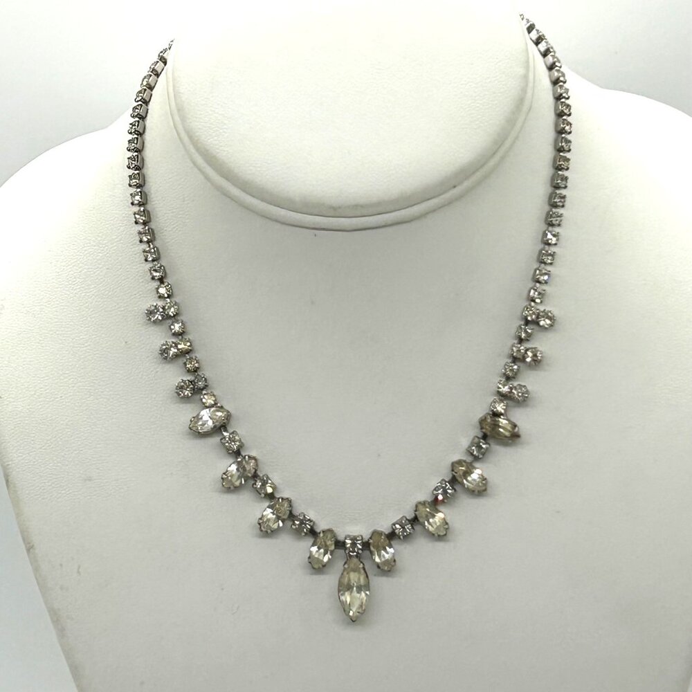 Vintage Weiss Rhinestone Necklace Choker Marquise Round Cut Wedding Formal Retro - Picture 9 of 11